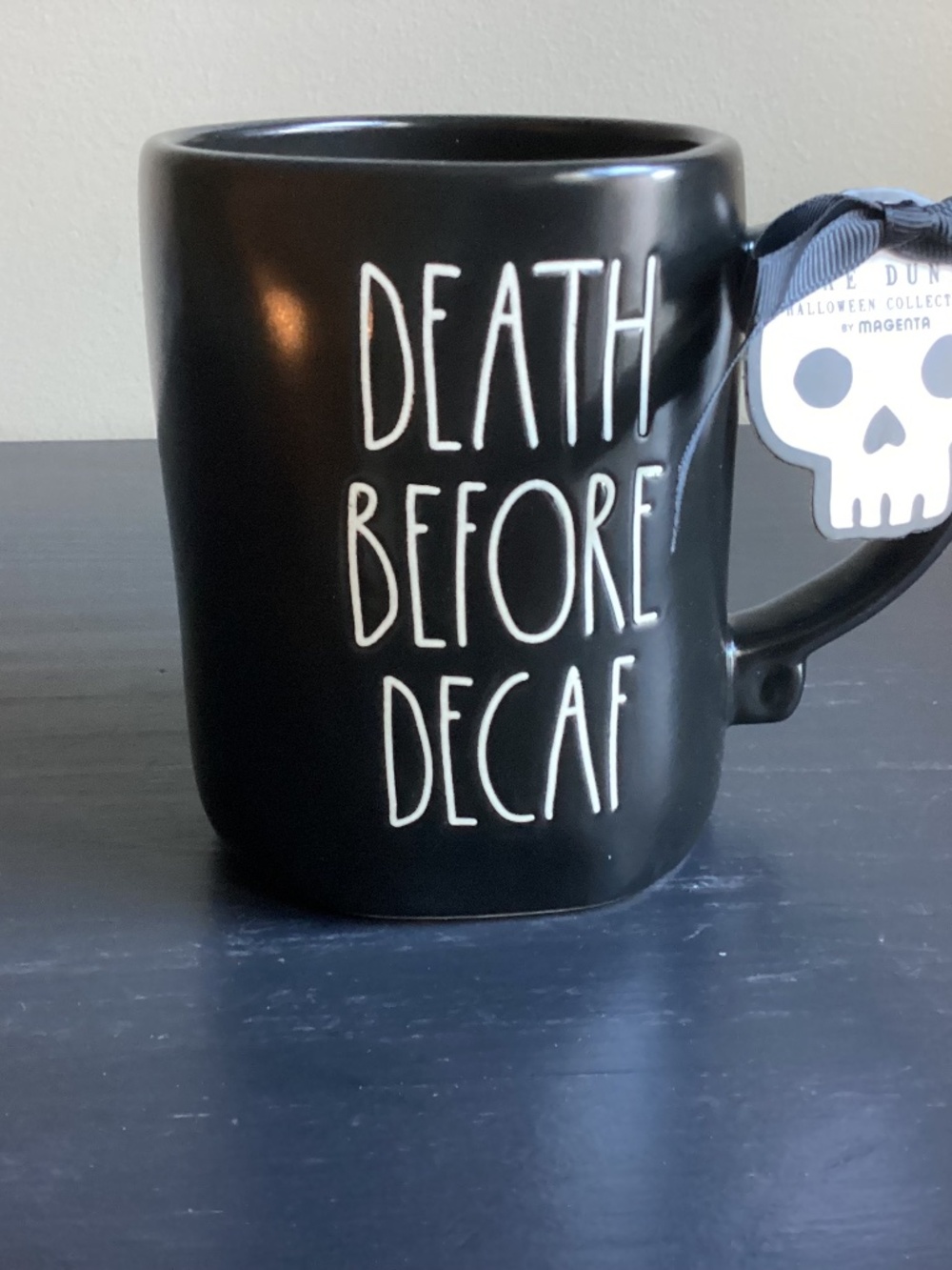 NEW Rae Dunn Halloween Theme ‘Death Before Decaf’ Black 16oz Coffee Mug